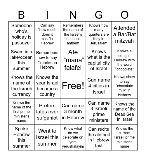 Welcome back Bingo Card