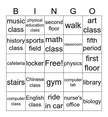 School (English) Bingo Card