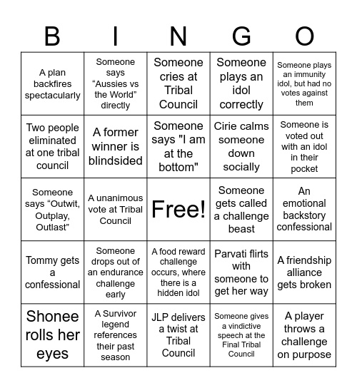 Survivor Bingo Card