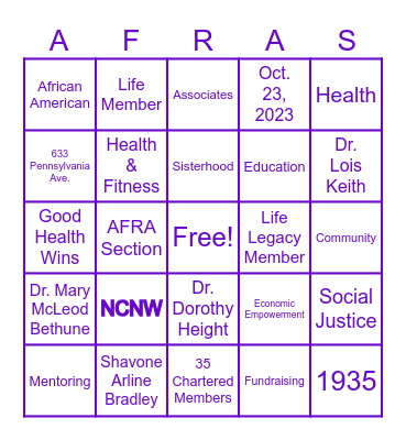 AFRAS Bingo Card