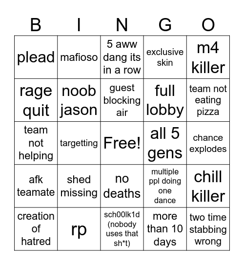Forsaken Bingo Card