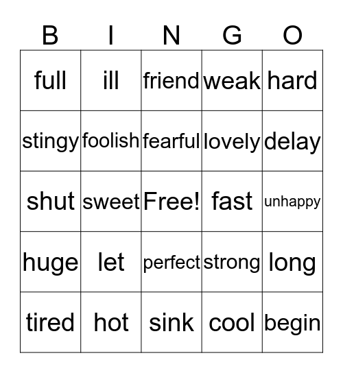Synonyms and Antonyms Bingo Card