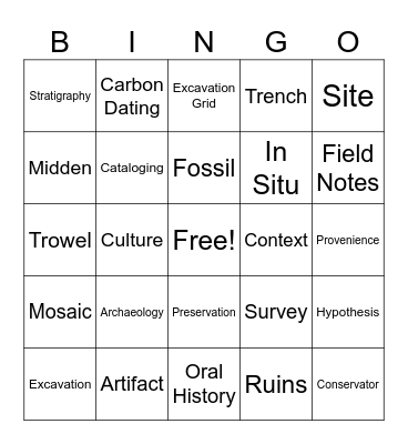 Archaeology Terms Bingo Card