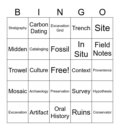 Archaeology Terms Bingo Card