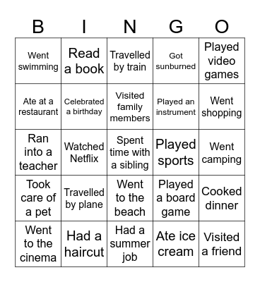 Back to school summer holidays Bingo Card