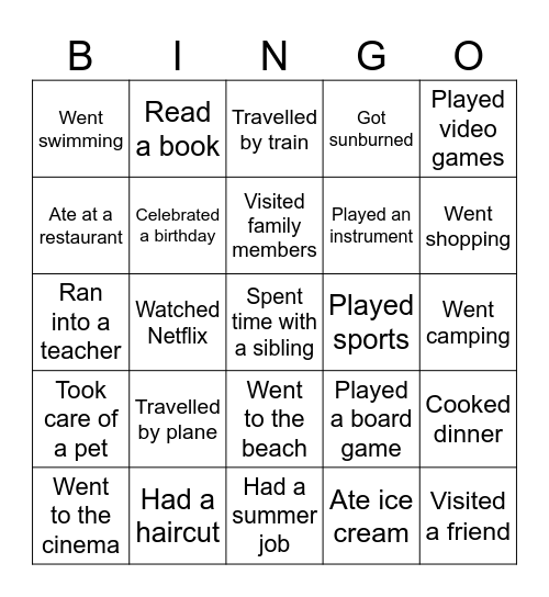Back to school summer holidays Bingo Card