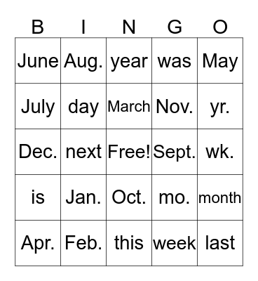 Month/Day/Year Abbreviations Bingo Card