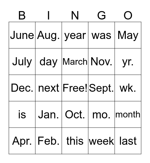 Month/Day/Year Abbreviations Bingo Card