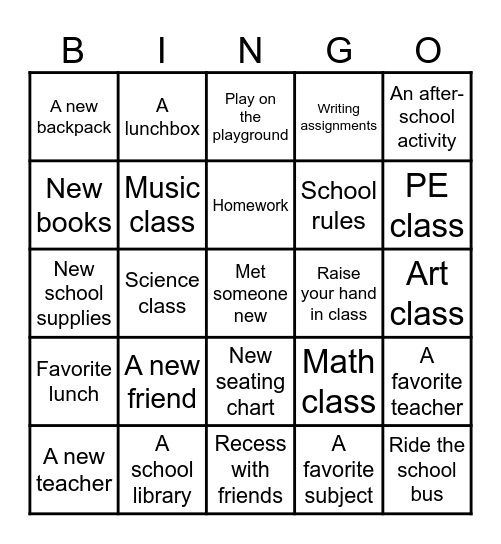 Back to school Bingo Card
