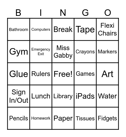 Room 107 Bingo Card