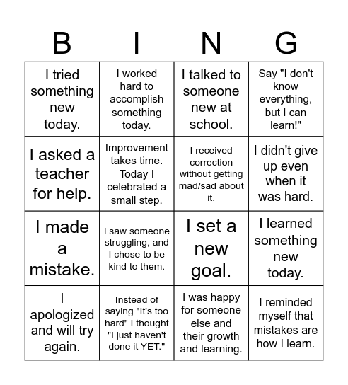 GROWTH MINDSET Bingo Card