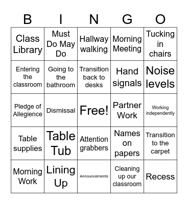 Routines and Procedures Bingo Card
