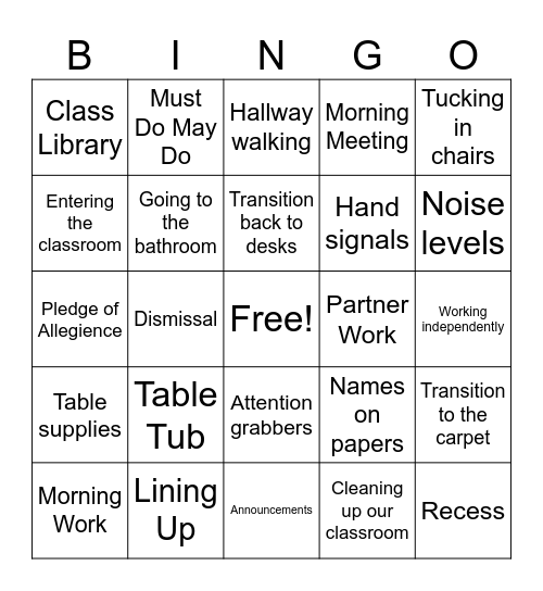 Routines and Procedures Bingo Card