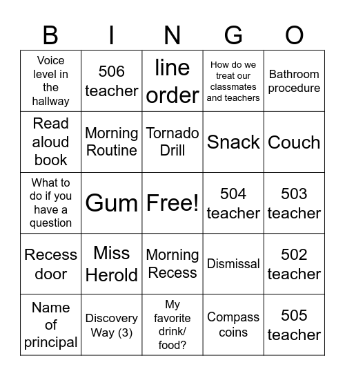 501 Bingo Card