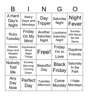 Those Were the Days Bingo Card