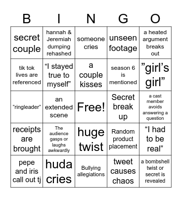 Love Island Reunion Bingo Card