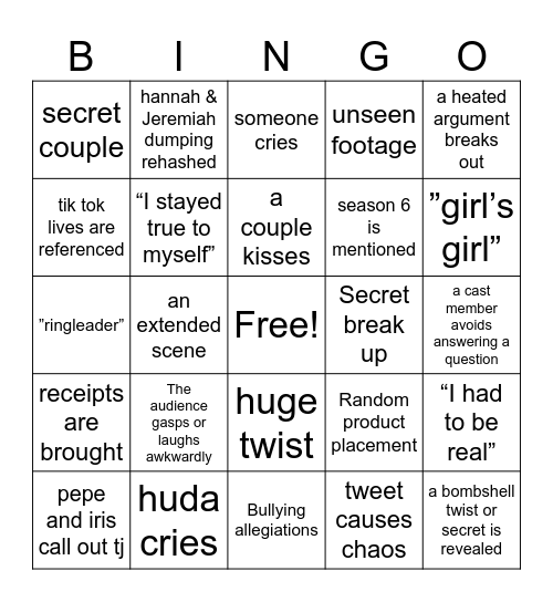 Love Island Reunion Bingo Card