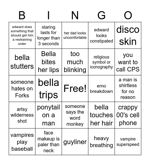 Twilight Drinking Game Bingo Card