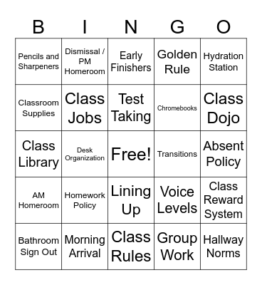 Rules, Procedures and Expectations BINGO Card