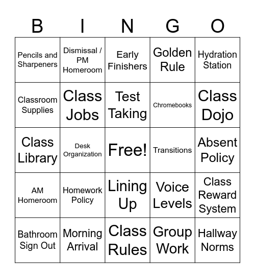 Rules, Procedures and Expectations BINGO Card