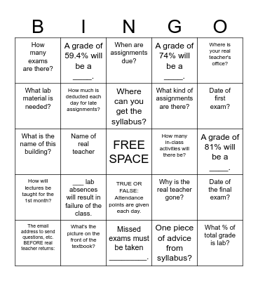 Physiology Syllabus BINGO! Bingo Card