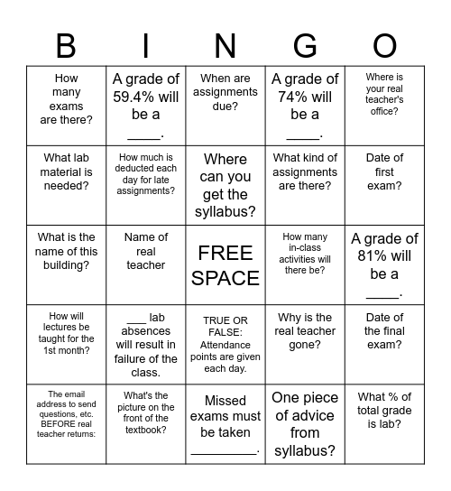 Physiology Syllabus BINGO! Bingo Card