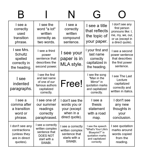 AMAZING WORK!  Informational Essay Editing Bingo Card