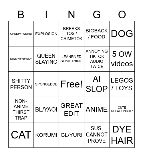TIKTOK Bingo Card