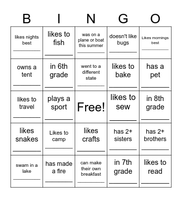 Unplugged Meet your Friends Bingo Card
