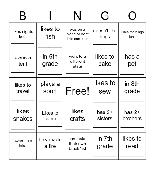 Unplugged Meet your Friends Bingo Card