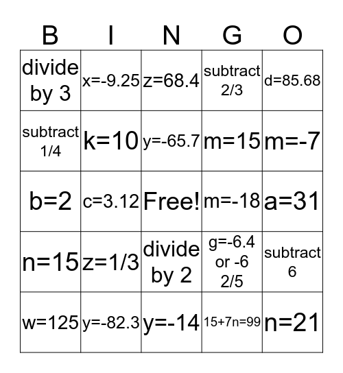 Algebraic Equations Bingo Card