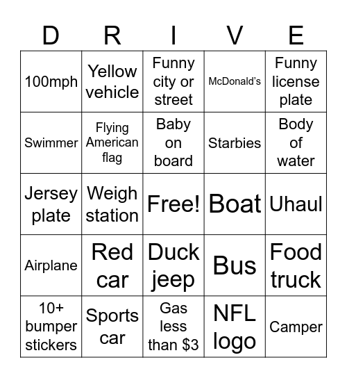 Drive Home Bingo Card