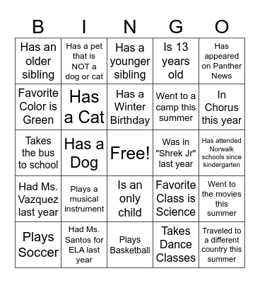 Classmate Bingo Card