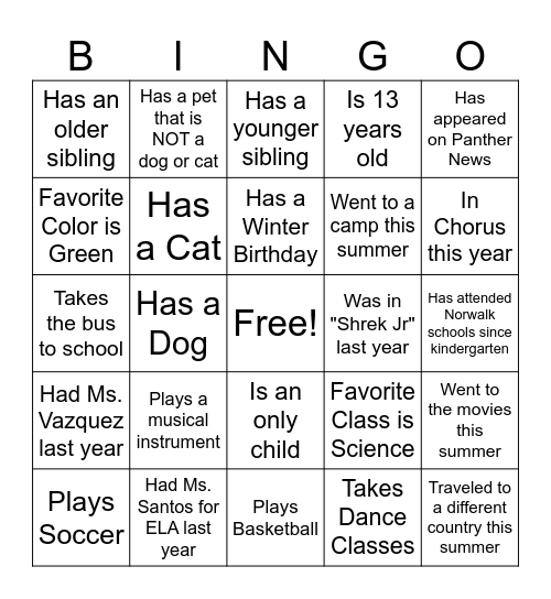 Classmate Bingo Card