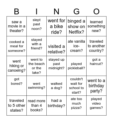 Back-to-School Bingo - What did you do over the holiday? Bingo Card