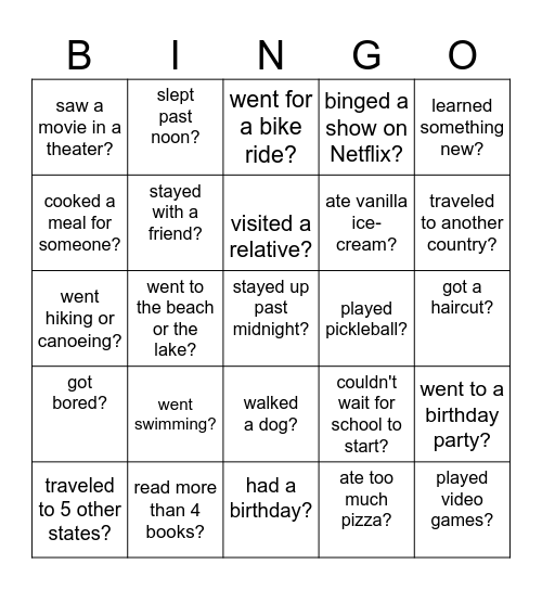 Back-to-School Bingo - What did you do over the holiday? Bingo Card
