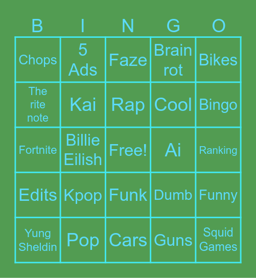 Shorts Bingo Card