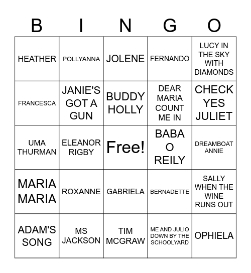 NAMES Bingo Card