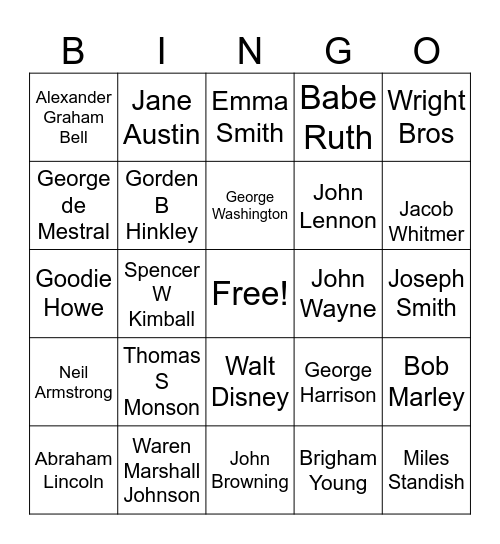 Relatives Bingo Card