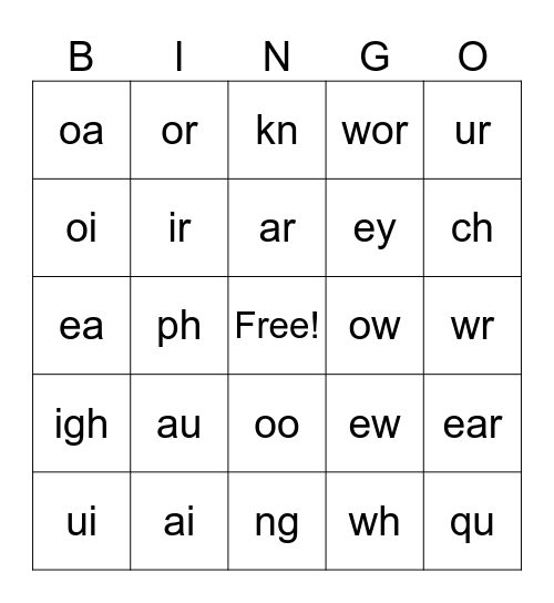 Multiletter Phonogram Bingo Card