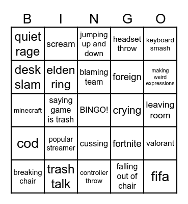 Gamer Rage Bingo Card