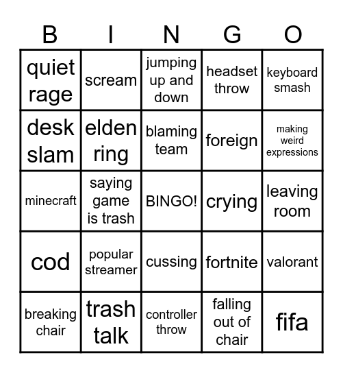 Gamer Rage Bingo Card