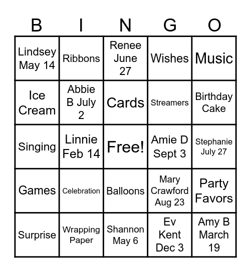 Bunco Birthday Bash Bingo Card