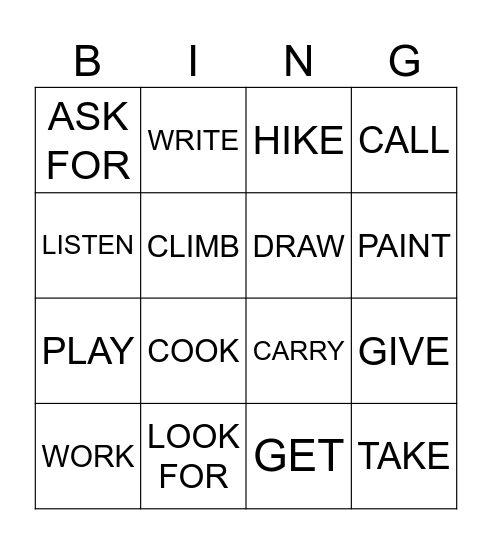 VERBS Bingo Card