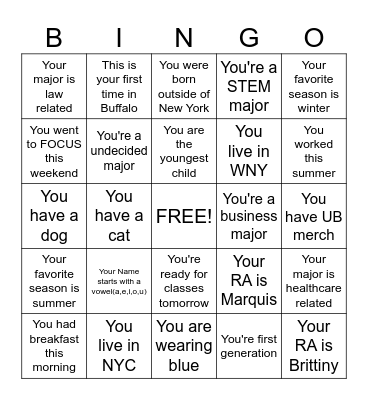 New Student Orientation Bingo Card