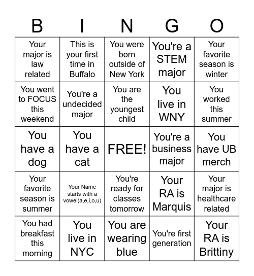 New Student Orientation Bingo Card
