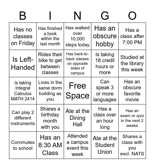 UTD NATS Bingo Card