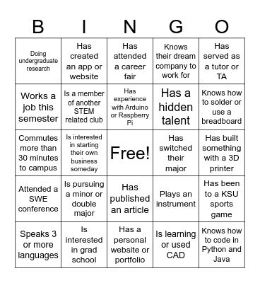 SWE Networking BINGO Card
