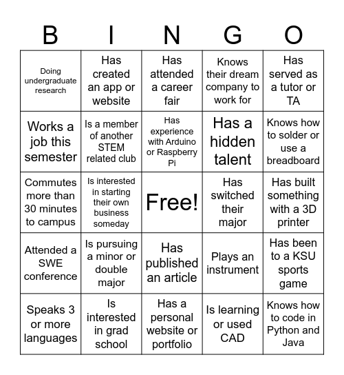 SWE Networking BINGO Card