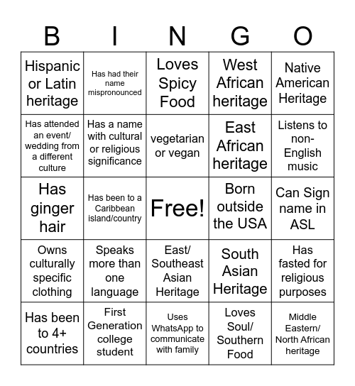 Diversity Bingo Card